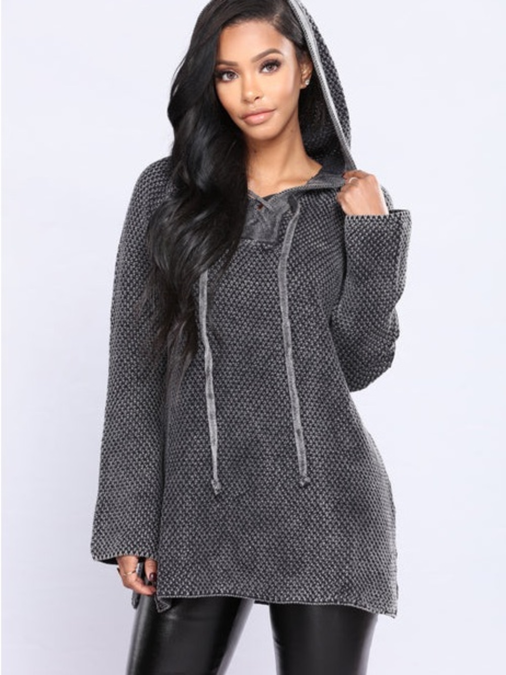 Very J Waffle Knit Hooded Sweater in Charcoal